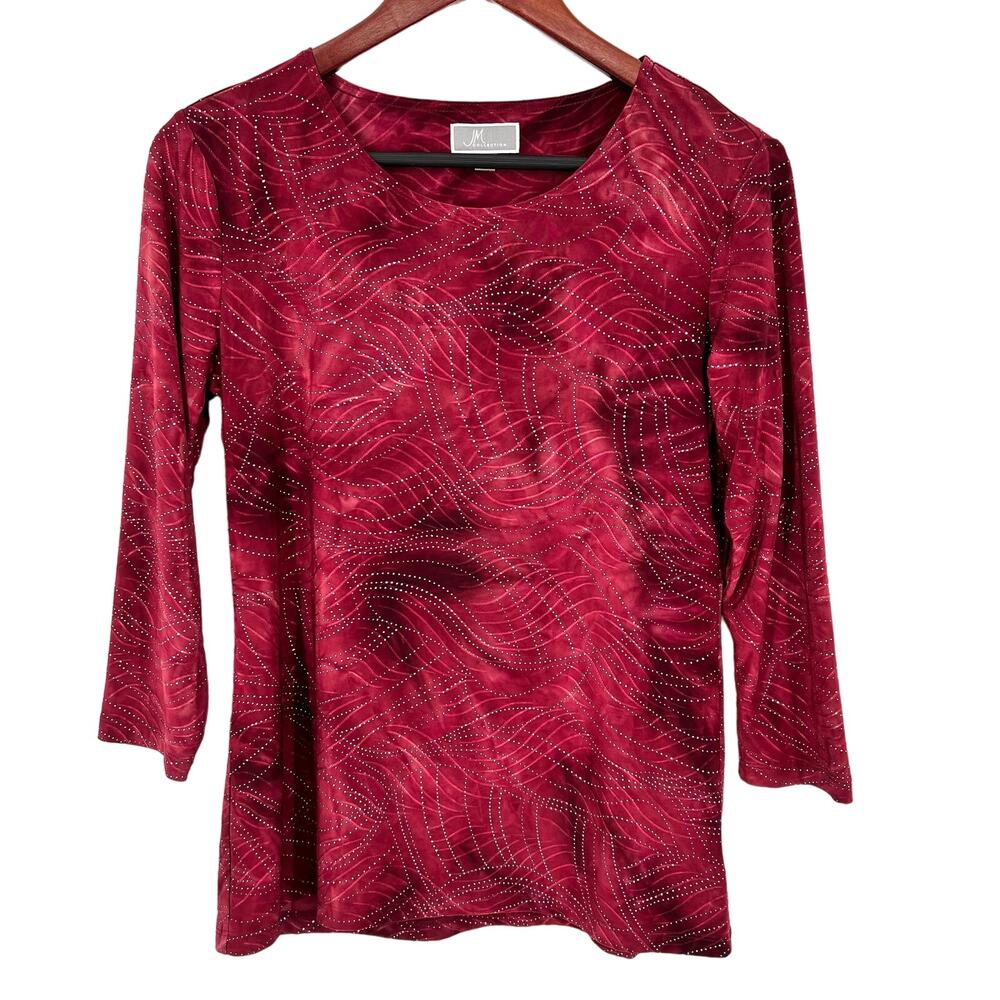 JM Collection XS Red Metallic Embellished Stretchy 3/4 Sleeve Blouse Shirt Top